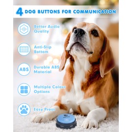 Dog Buttons for Communication, 4 Dog Talking Button Set, Speaking Buttons for Cats and Dogs, 30s Voice Recordable Pet Training Buzzer with Waterproof Dog Activity Mat and 48 Scene Stickers