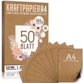 Premium kraft paper A4 180 g, 21 x 29.7 cm, exact DIN format, craft paper and natural cardboard, leaves made of craft card for crafts for cardboard paper, vintage wedding gifts and labels