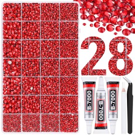 30000Pcs Resin Rhinestones for Bedazzling with Tweezers, Red Rhinestones for Crafting with 3Pcs 10ml B7000 Jewelry Glue for DIY Crafts Clothing Tumblers Shoes Fabric Nail Art