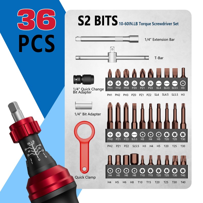 SUERCUP 10-60In.lb 1/4" Torque Screwdriver 36 PCS Set with T-bar,