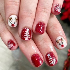 24Pcs Christmas Press on Nails Short Square Fake Nails Glitter Red Nose Elk False Nails Full Cover Glue on Nails with Xmas Tree Snowflake Designs Christmas Acrylic Nails for Women Winter Nails Decor