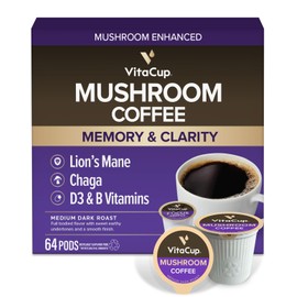 VitaCup Mushroom Coffee Pods, Boost Focus & Immunity w/Lions Mane, Chaga, B Vitamins, D3 for Memory & Clarity, Medium Roast, Recyclable Single Serve Pod Compatible w/Keurig K-Cup Brewers,64 Ct