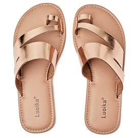 Luoika Sandalias planas de ancho ancho para mujer, sandalias casuales con tiras, zapatos de playa de verano para mujer., Gold703, 7 X-Wide