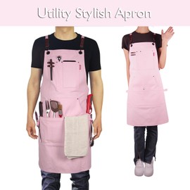 Stenffy 5 Pack Kitchen Apron, Work Apron, Canvas, Multiple Pockets, Gardening, Painting, BBQ, Artist, Carpenter, Sizes M to XXL, Pink