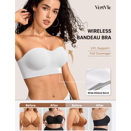 Vertvie Strapless Bras for Women Non-Slip Push Up Wireless Bandeau Bra Seamless Comfort Tube Top Supportive Padded Bralette(Medium,White)