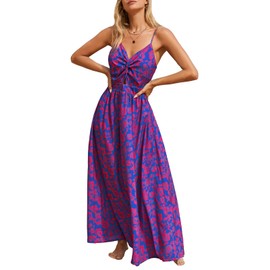 CUPSHE Women's Maxi Dresses V Neck Twisted Sleeveless Cutout Self Tie Long Dress Summer Formal Vacation Dress Blue Floral, XL