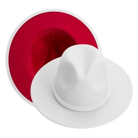 XINBONG Sombrero Fedora de ala ancha para hombre y mujer, color negro y rojo, con correa de hebilla de cinturón, sombrero de fieltro de dos tonos, Blanco y rojo, M
