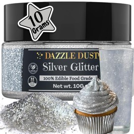 DAZZLE DUST BULK-(10g) Silver Edible Glitter For Drinks, Silver Luster Dust Edible Glitter For Cakes, Silver Sprinkles For Cake Decorating, Edible Cake Decorations Drink Glitter 100% Food Safe, Vegan, Gluten Free