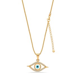 LeCalla 925 Sterling Silver 14K Gold Plated Mother of Pearl and Cubic Zirconia Evil Eye Pendant Box Chain Necklace for Women Teen With Lobster Claw Clasp 18 Inches