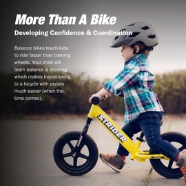 Strider 12” Sport Bike, Yellow - No Pedal Balance Bicycle for Kids 1 to 4 Years - Includes Safety Pad, Padded Seat, Mini Grips & Flat-Free Tires - Tool-Free Assembly & Adjustments