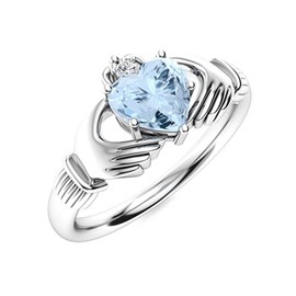Irish Claddagh Ring 5MM Heart Shape Aquamarine Solitaire Women Wedding Ring 925 Sterling Silver Easter Jewelry Sterling Silver, 9