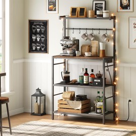 MAHANCRIS Bakers Rack with Power Outlet, Kitchen Storage Shelf with 6 Hooks, Microwave Stand with Storage, 4-Tier Coffee Bar Station, for Kitchen, Dining Room, Rustic Brown and Black BRHR351E01