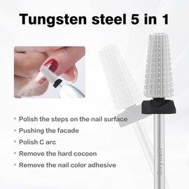 Cnynail 5 in 1 Nail Drill Bit, Tungsten Carbide Multi-Function Bit for Acrylic Nails, Hard Gels, Cuticles Removal, 3/32" Shank, Two-Way Rotation for Left & Right-Handed Use (XC Grit, Silver)