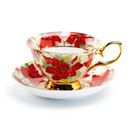 Grace Teaware Poinsettia Gold Bone China Tea Cup and Saucer