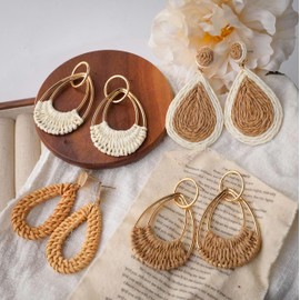 SELFWIMG - arete de aro de rafia para mujer, divertidos aretes bohemios de playa, ligeros, hechos a mano, de mimbre y ratán, aretes colgantes geométricos redondos, Ratán, No es una piedra preciosa