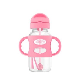 Dr. Brown's Milestones - Botella de paja para sorber de cuello ancho con asas 100% silicona y paja con peso, 9 onzas/270 ml, rosa, 6 m+