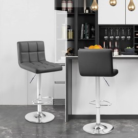 Kemon Bar Stools Modern PU Leather Height Adjustable Swivel Barstools Armless Kitchen Counter Bar Chairs Hydraulic Island Bar Stools with Back and Footrest Set of 2(Grey)