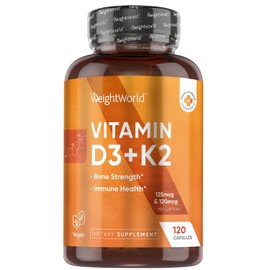 WeightWorld Vegan Vitamin D3 K2-120 Capsules - 5000 IU D3 & K2 120mcg for Bone Strength & Immune Health – K2 D3 Vitamin Supplement Plant-Based Cholecalciferol from Wild-Harvested Lichen