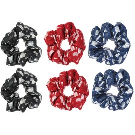 Assorted Colors Lace Scrunchies, 6-Pack, Black, Red & Dark Blue