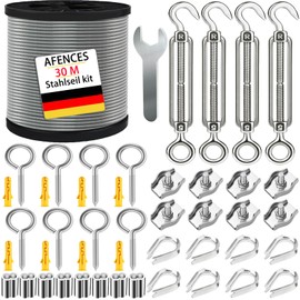 30 m Stainless Steel Rope 2 mm Coated + M5 Tension System with Eyelet Hooks, Weatherproof Wire Rope for Plant Vines, Decoration and Laundry Drying (2 mm, 30 m Stainless Steel Rope)