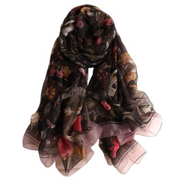 First Choose Fashion Scarves Sunscreen Beach Scarf Women Silk Soft Scarf and Neck Care Long Lightweight Shawl-All Season (Black-Flower)