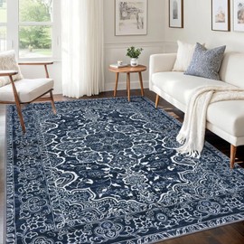 KUTA Area Rug 5x7 Navy Blue, Washable Rugs for Living Room Ultra Soft Non-Slip Printed Flower Distressed Vintage Floral Farmhouse Carpet for Bedroom Dining Room Dorm Office Home Décor