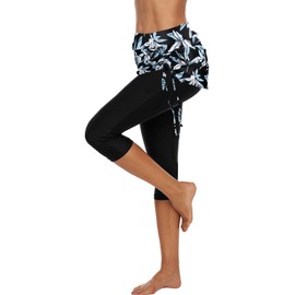 ECUPPER Womens Swim Shorts Capris Swimming Leggings Boardshorts Stretch High Waist Swimsuit Pants for Beach Surf Blue Flowers US 14-16