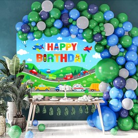Mocsicka Transportation Banner Decorations for Kids Boys - Traffic Plane Car Truck Vehicle Banner Birthday Backdrop (7x5ft)