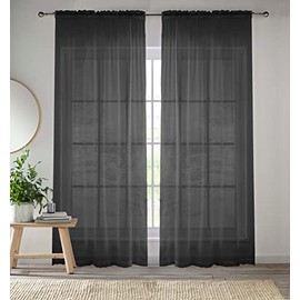 Enhanced Living Black Voile Curtains for Living Room Panel Pair - 57 Wide x 48 Drop - Plain Woven Slot Top Sheer Curtains (57"x48") 145x122cm