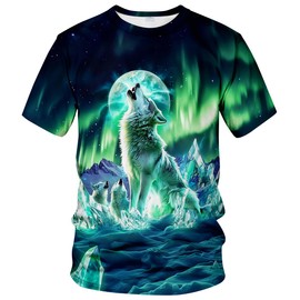 QTAGTESS Wolf T-Shirt Animal Graphic Tee Aurora Shirt,Green,XL