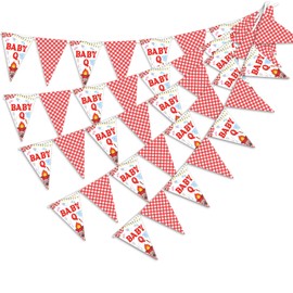 Tigeen 5 Pcs Baby Q Baby Shower Pennant Banners Red White Checkered BBQ Triangle Flags Pre-assembled Double-sided Bunting Decoration for Gender Reveal Summer Picnic Outdoor Party Decor, Each 9.84 ft