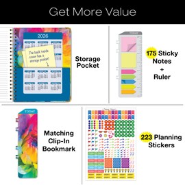 HARDCOVER Academic Year 2025-2026 Planner: (June 2025 Through July 2026) 8.5"x11" Daily Weekly Monthly Planner Yearly Agenda. Bookmark, Pocket Folder and Sticky Note Set (Rainbow Petals)
