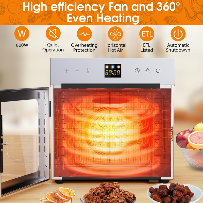 Dehydrators for Jerky, 8 Stainless Steel Trays, 600W Fruit Dehydrator,
