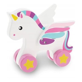 Trefl - Teak Unicorn, Wooden Toys, Bids & Bear - Wooden Toy on Wheels, Movable Wings, Environmentally Friendly Natural Wood, Summer Toy for Children from 18 Months