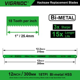 Viganoc 12" Hacksaw Replacement Blades, Bi-Metal High Speed Steel Hack Saw Blades - 18TPI HSS Saw Blades, 2 Pack