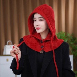 Women's Fashion Knit Winter Balaclava Hat - Autumn/Winter LF1296 - One Size Red [Knit Button Balaclava] 4ea
