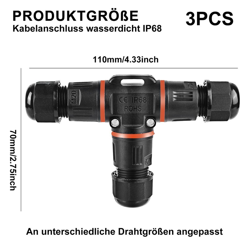 Cable Connector Waterproof 3-Pin IP68 Connection Sleeve Earth Cable Junction