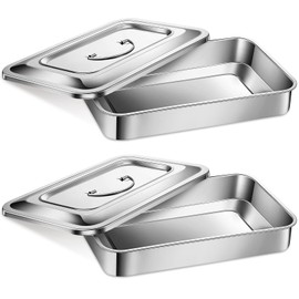 Fabbay 2 Pcs Medical Surgical Trays 201 Stainless Steel Dental Instruments Tray Organizer Holder Sterilized Metal Box with Lid and Handle Grip for Medical Surgical Dental Instruments (12 Inch)