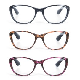 EYE ZOOM 3 Pack Cat Eye Style Reading Glasses Plastic Fashion Design Readers with Spring Hinge for Women, Black, Brown, Purple, +2.00 Strength