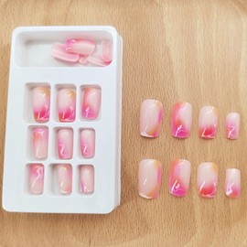 Xenophoer Medium Press on Nails Square Pink Gradient Fake Nails Acrylic Glue on Nails with Graffiti Designs Nails Press ons for Women Daily Wear 24 Pcs