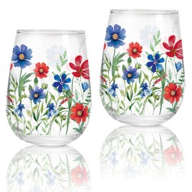 Whaline 2Pcs Patriotic Flower Stemless Wine Glasses 17oz Watercolor Red Blue Floral Drinking Glasses 4th of July Tumbler Cups for Independence Day Party Supplies
