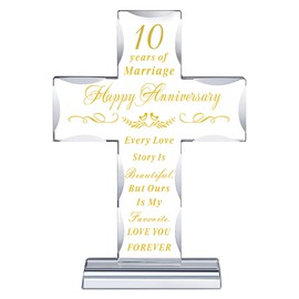 JVON 10 Years 10th Wedding Anniversary Cross Gifts for Her Him, Laser Engraved Glass Standing Cross Marriage Keepsake for Couple Friends Women Man Mom Dad Parents Husband Wife