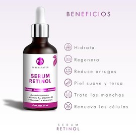 PUREZA NATUR Serum Retinol + Vitaminas A, B5, E, C + Acido hialuronico facial hidratante y reparador | Suero Reductor de líneas de expresión e imperfe
