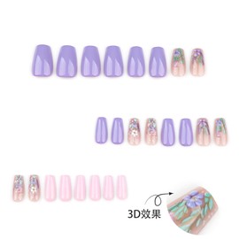 Flower Press on Nails Medium Coffin Fake Nails Purple False Nails with Designs Floral Glossy Full Cover Acrylic Nails Pink Glue on Nails Cute Artificial Stick on Nails for Women Nails Decoration 24Pcs