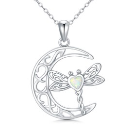Twoowl Moon Dragonfly Necklace 925 Sterling Silver White Opal Dragonfly Pendants Necklace Animal Moon Jewelry Gifts for Women