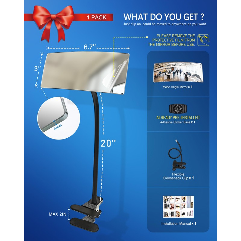 Nanningo Clip-On Security Mirror to See Behind You - 6.7"