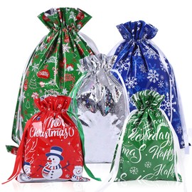 Christmas Drawstring Gift Wrapping Bags: 5pcs 5 Different Designs and 4 Sizes Christmas Wrapping Bags Festive Design Foil Gift Bags Goody Bags