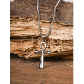 HAQUIL Ankh Necklace, Silver Plated Stainless Steel Egyptian Symbol of Life Ankh Cross Pendant, Box Chain, Egyptian Jewelry Gift