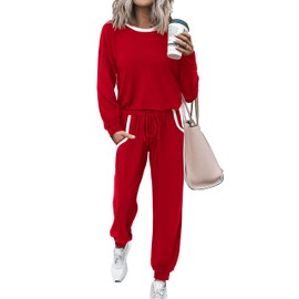 MASCOMODA 2024 Lounge Sets for Women Fall 2 Piece Outfits Tracksuit Jogger Set Long Sleeve Tops and Long Pants with Pockets, Red, X-Large