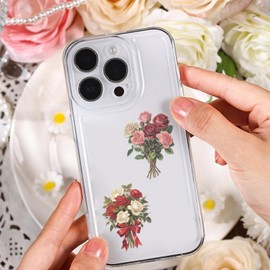 50 Pcs Red Rose Aesthetic Stickers, Vintage Flowers Decals PET Transparent Sticker for Bottles, Laptop, Journals, Planner, Scrapbook, Gift Décor